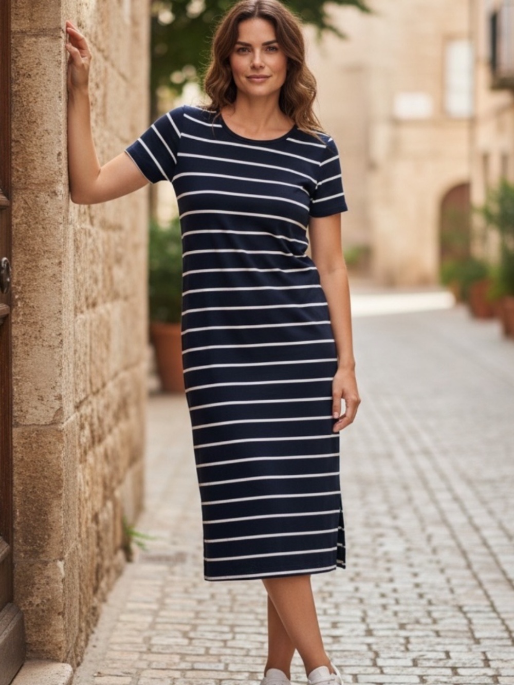 Pinc Navy White Striped Relaxed Maxi T-Shirt Dress Plus Size 1X